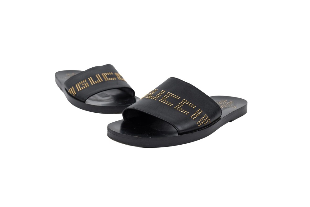 Gucci Black Studded Logo Slides Leather Gold Hardware Size 7